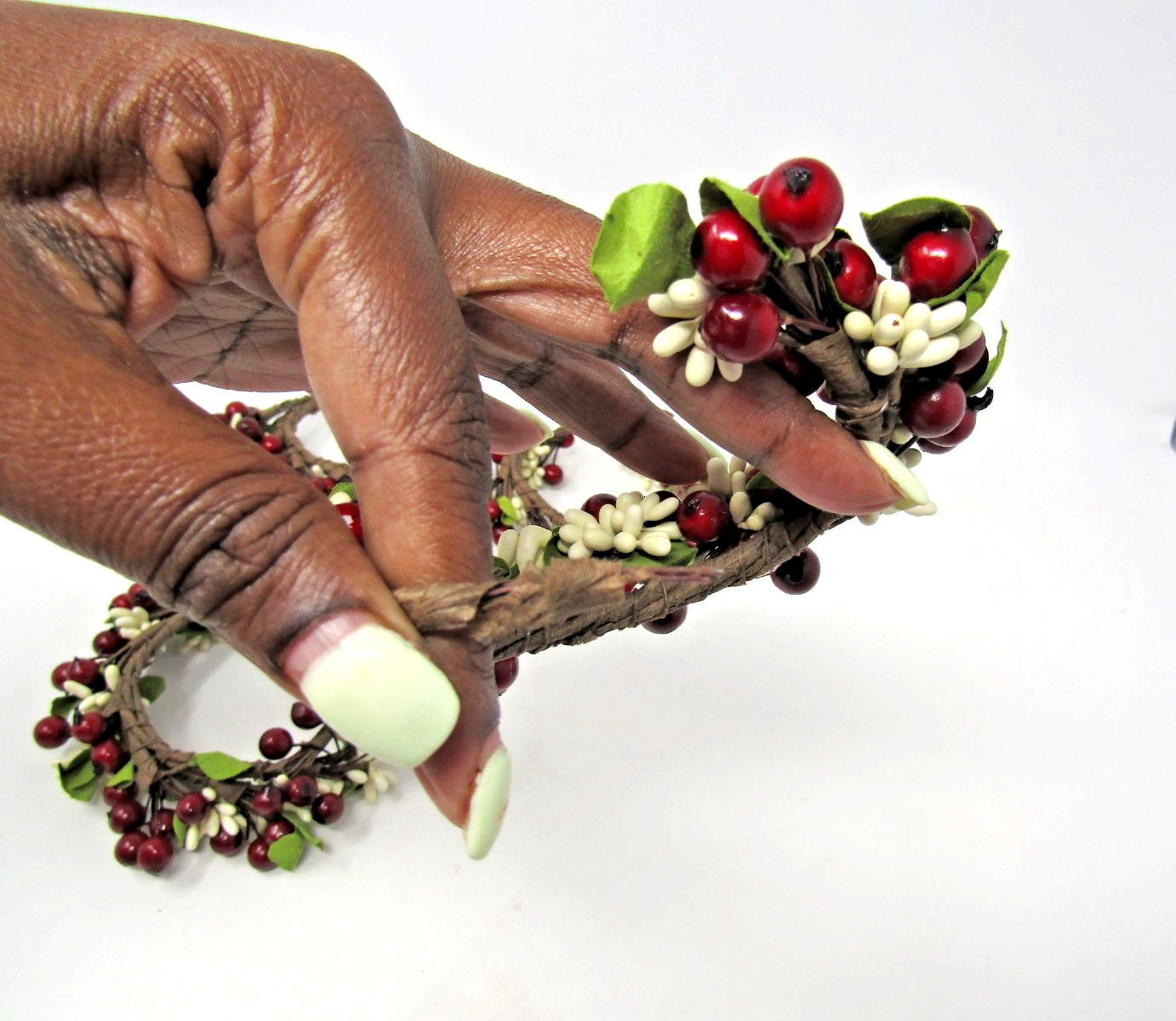 Red Green and White Faux Berries Candle Ring Wreath 2.5″ Opening Lot of 4