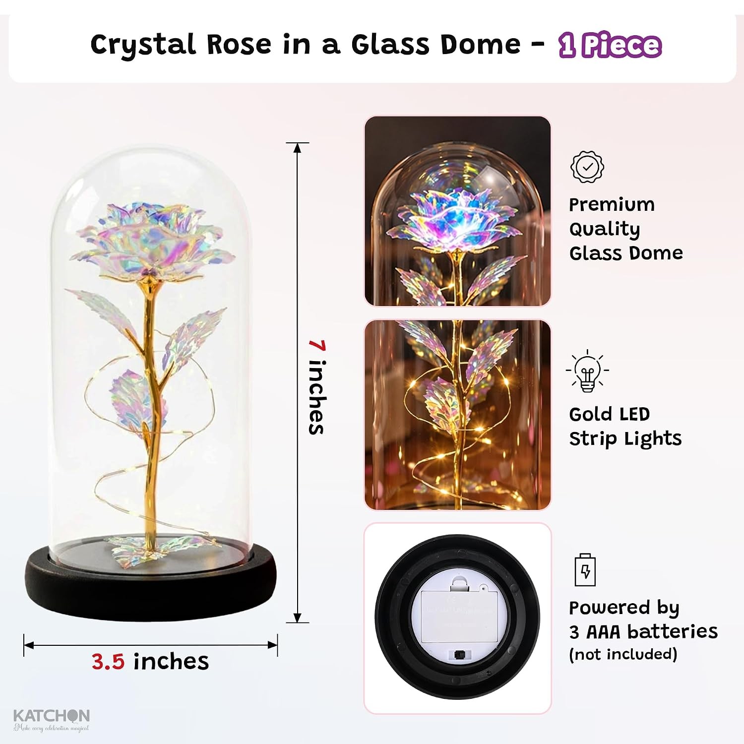 KatchOn, Galaxy Glass Rose in Glass Dome – Light Up Crystal Rose Forever Flower