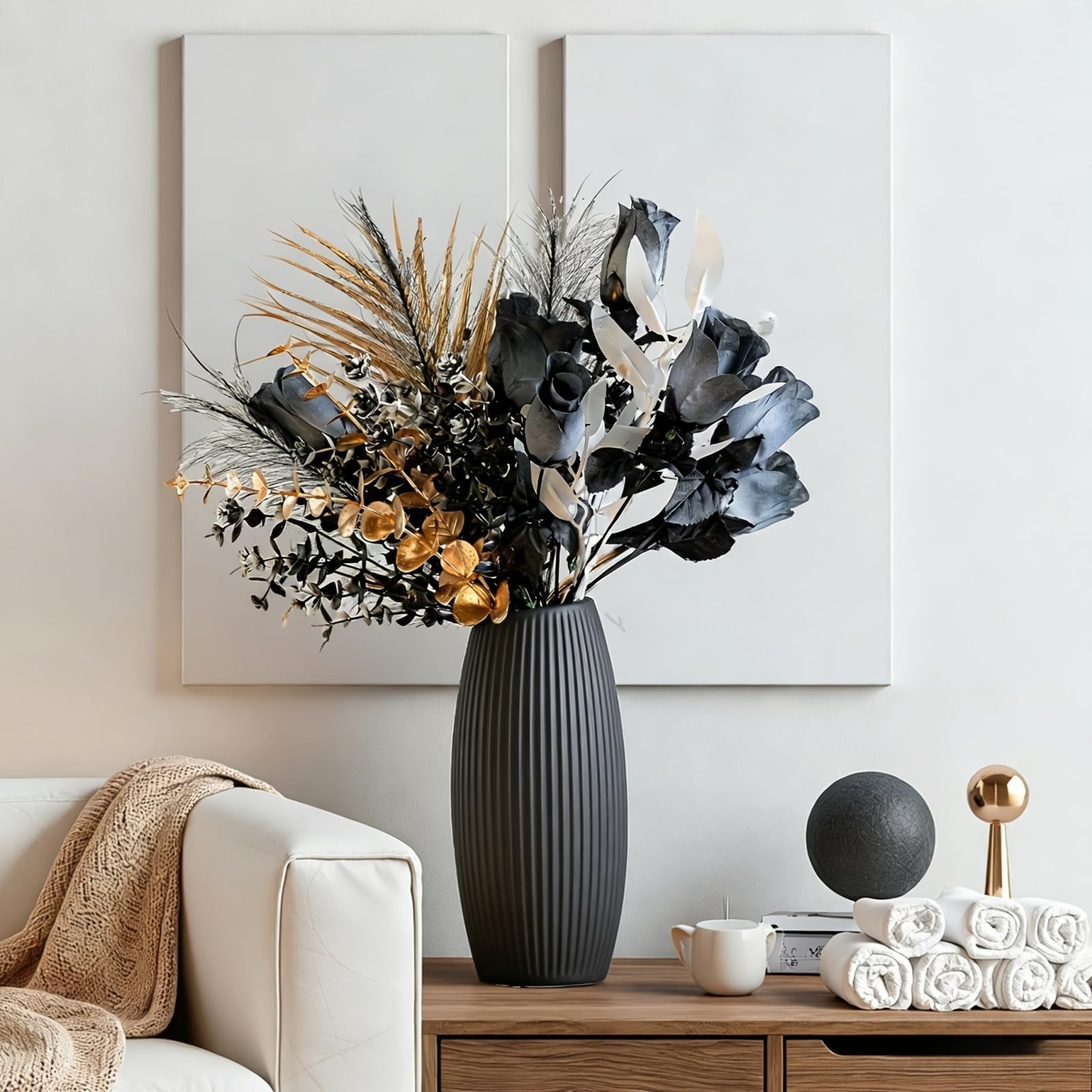 17 Inch Black Gold Artificial Rose Bouquet Metallic Eucalyptus Faux Silk