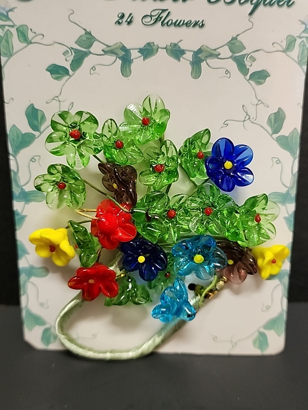 24 Mini Glass Flowers Wire Stem Bouquet Red Blue Yellow Green Purple NOS Lot 3