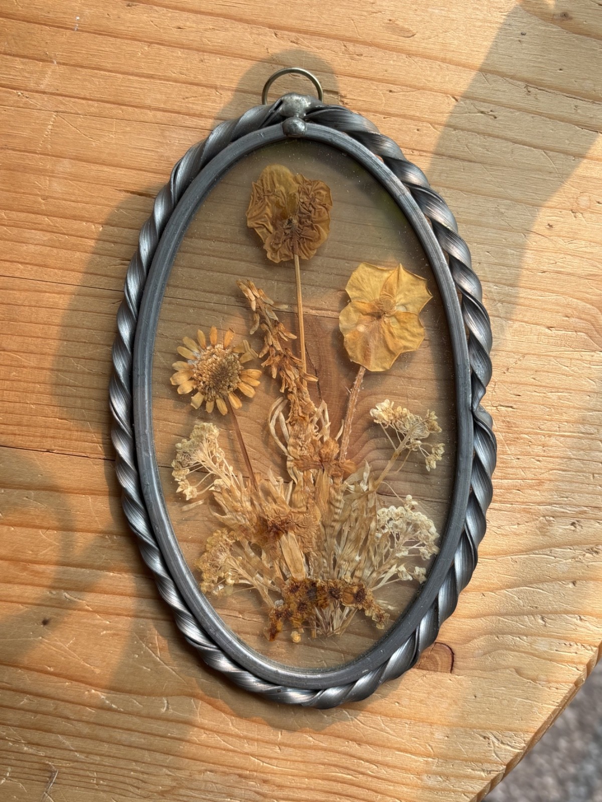 Vintage Set of 3 Real Dried Pressed Flowers In Glass Pewter Frames
