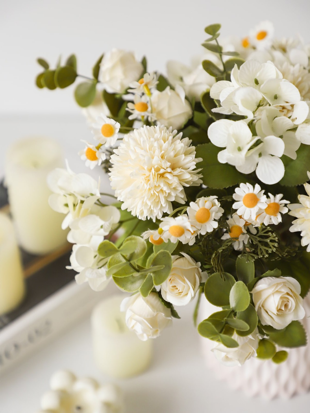 2pcs White Lifelike Artificial Flower Bouquet With Roses Hydrangea And Daisies