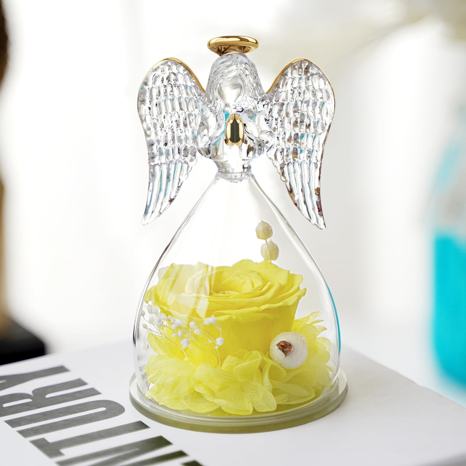 Yellow Angel Figurine, Real Preserved Rose, Gift for Mom, Grandma, Wife, Bday