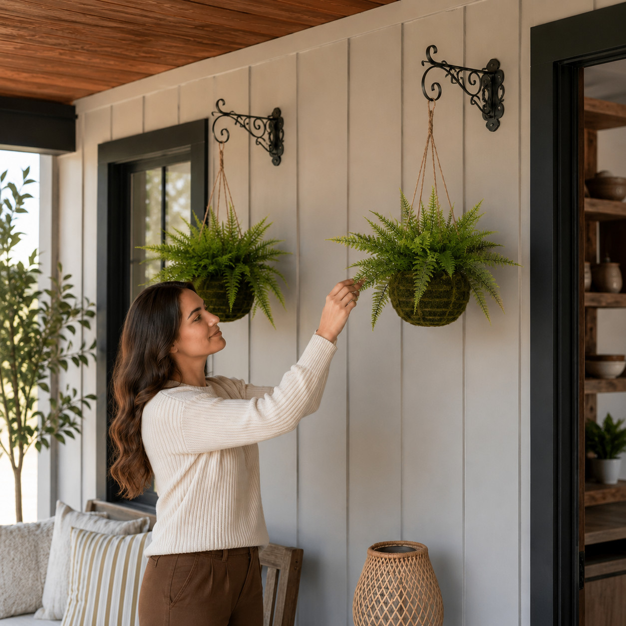 Leather Fern w/Hanging Basket (Indoor/Outdoor) (Set of 2)