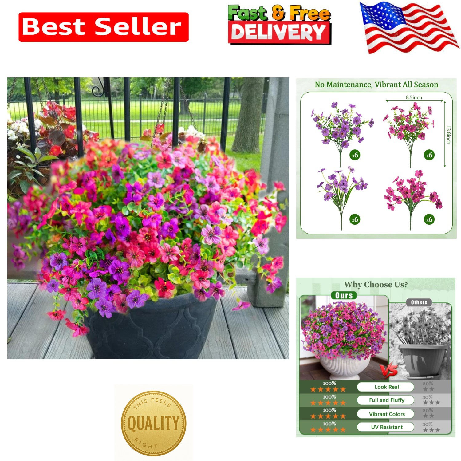 24 Bundles of UV Resistant UV Flowers for Stunning Outdoor Decor – Fuchsia+Red