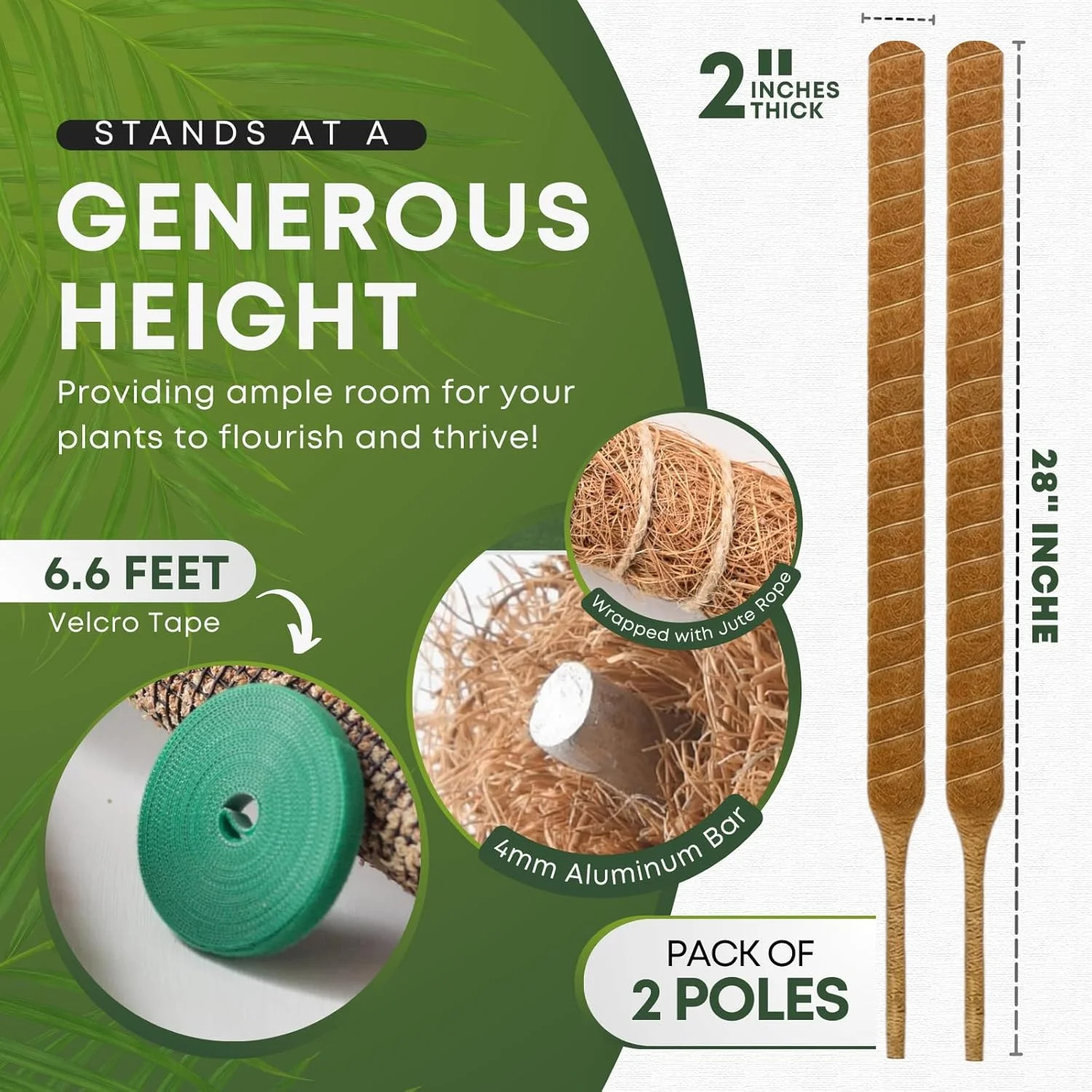 28 Inch 2 Pack Bendable Moss Pole Monstera Plant Support Plant Stakes for Indoor