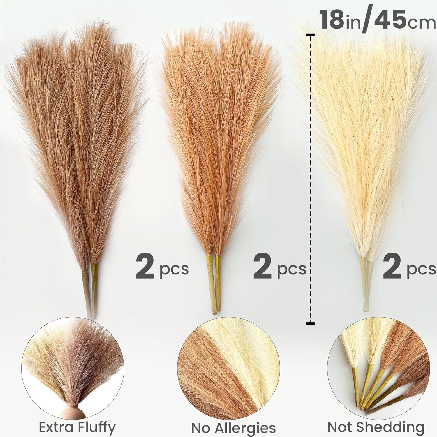 Boho Faux Pampas Grass 6 Stems Beige Curry Brown Silk Artificial Flower Decor