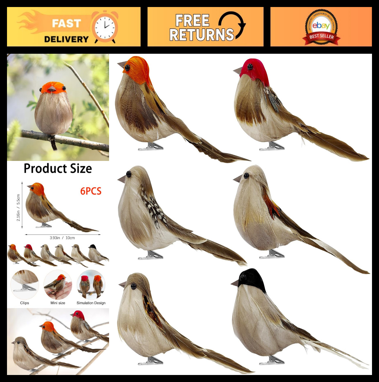 6PCS Clip-On Artificial Birds – Realistic Sparrow Ornaments for Garden & Home De