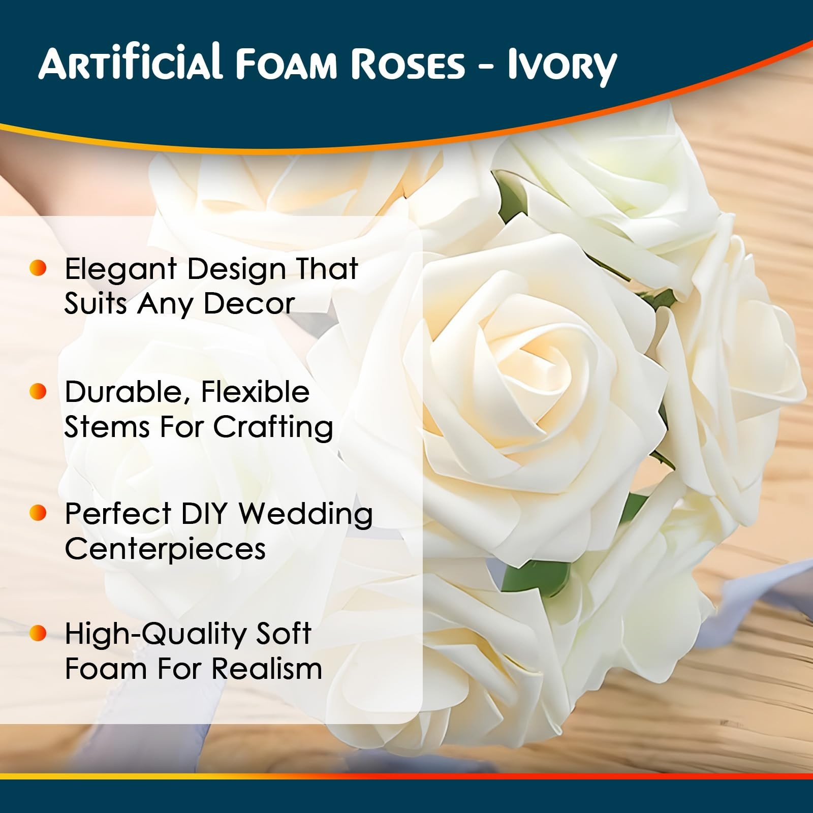 RCZ Décor Artificial Ivory Foam Roses with Stems & Leaves – Pack of 50, Perfect
