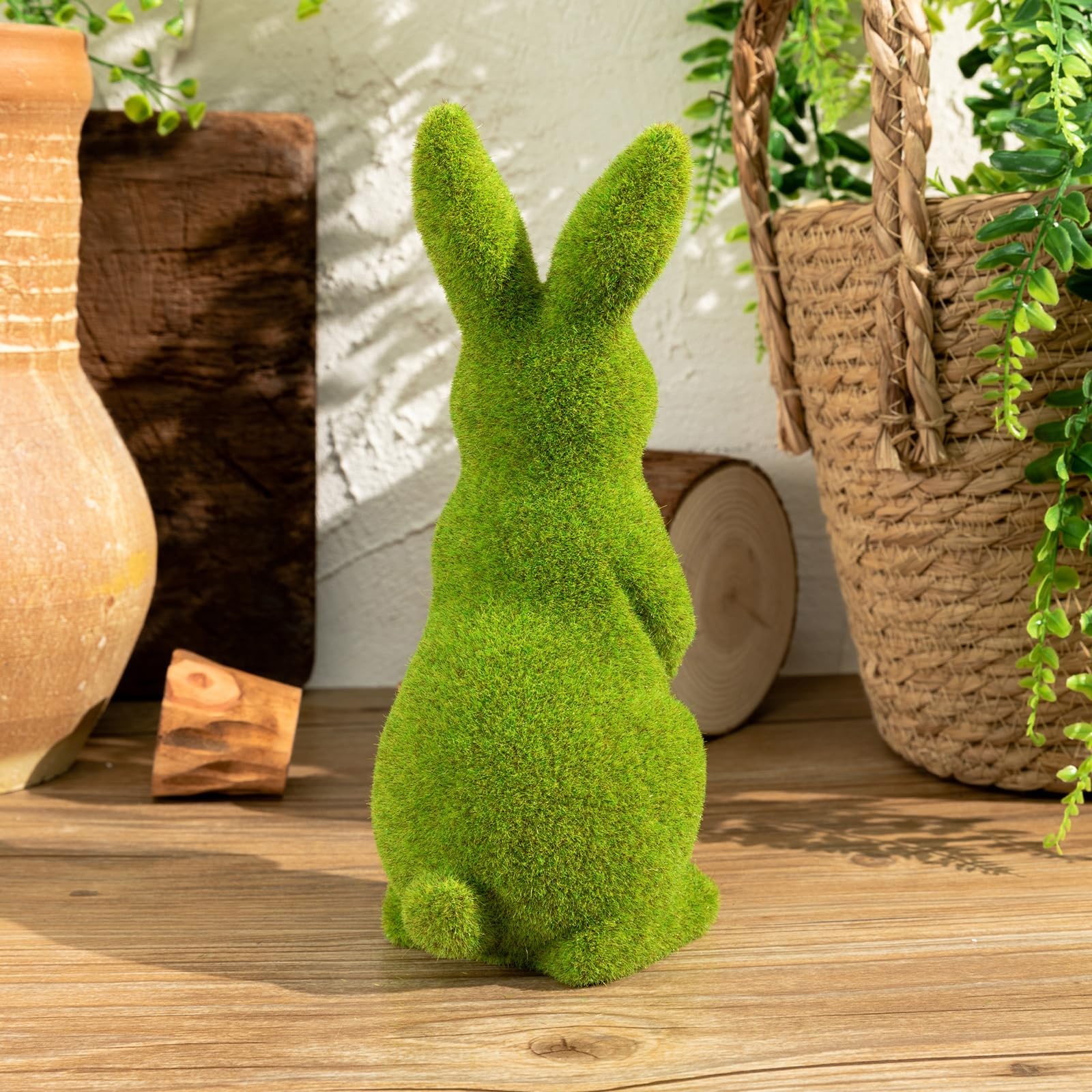 Easter Bunny Decorative Ornament Artificial Green Moss Rabbit 9.5 In Stand