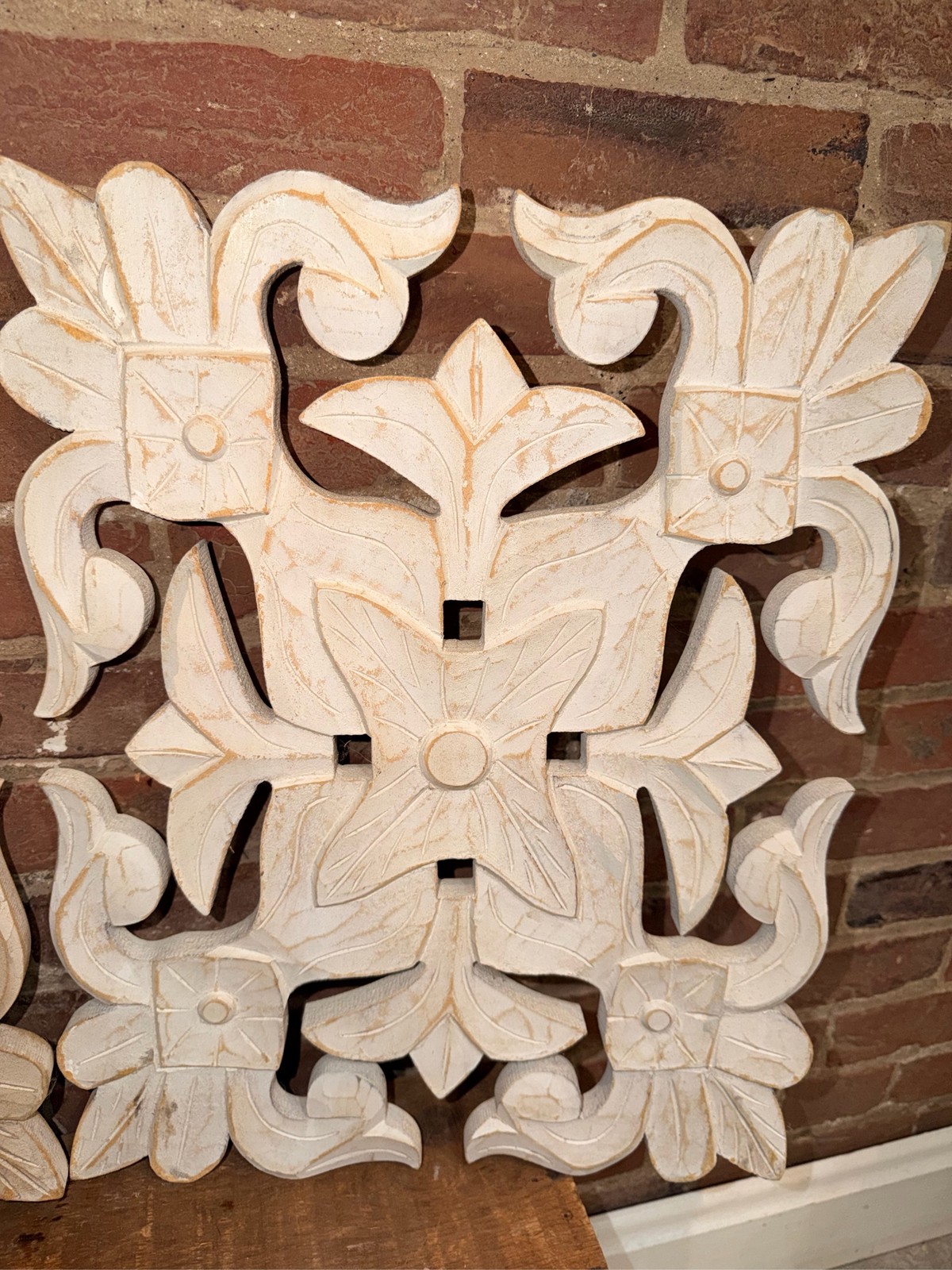 Carved Wood Floral Wall Art Boho White Wash Decor Hanging Aesthetic