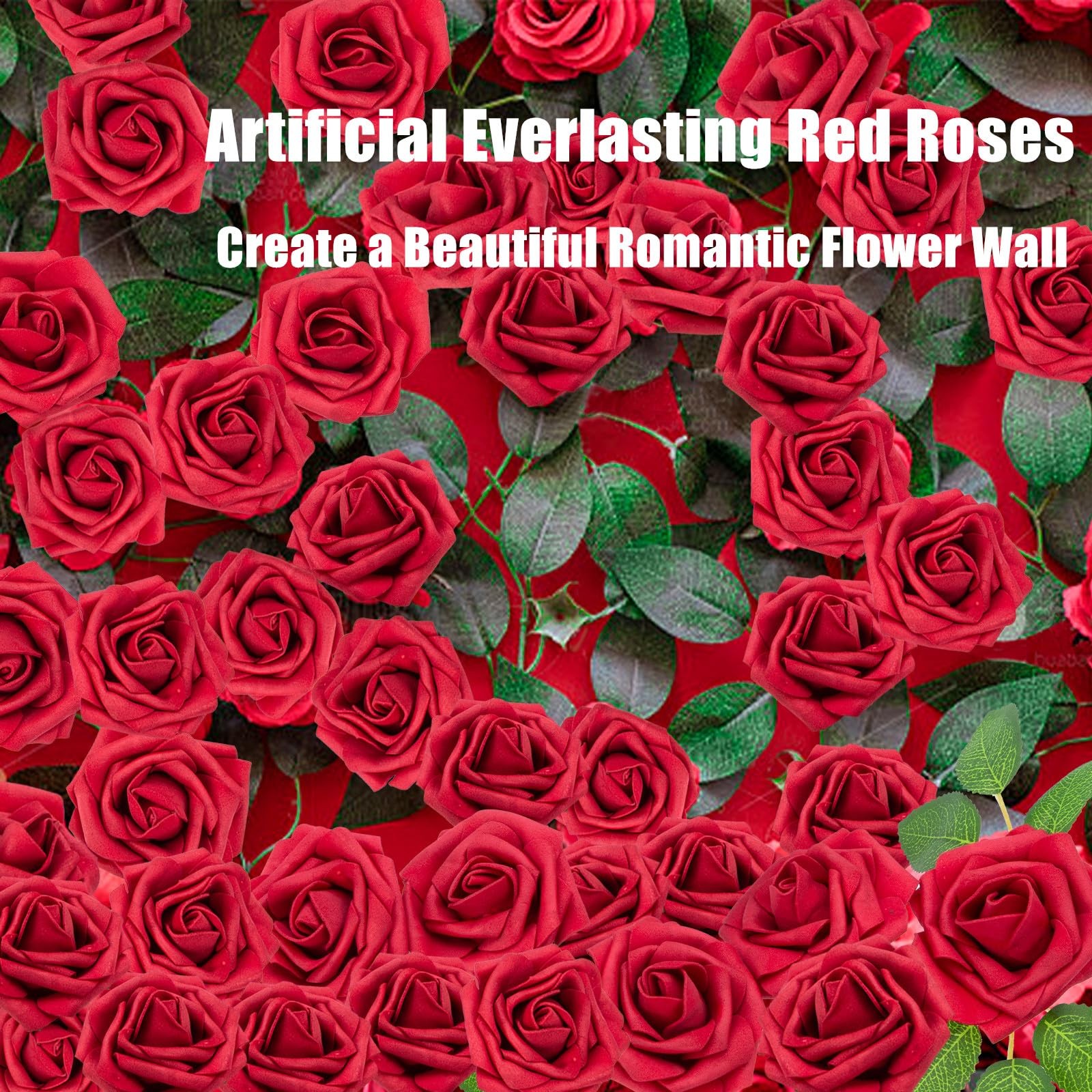 100Pcs Red Fake Roses Artificial Flowers Foam Rose Bulk with Stems