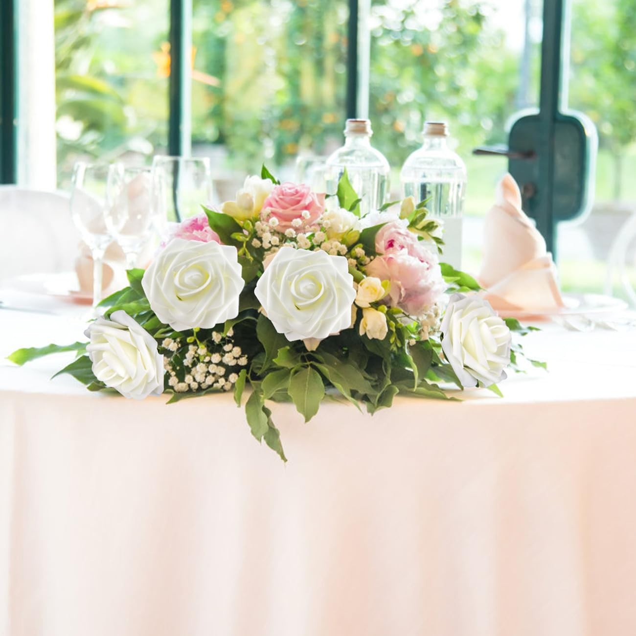 100Pcs Artificial Flowers Ivory White Fake Foam Roses with Stems