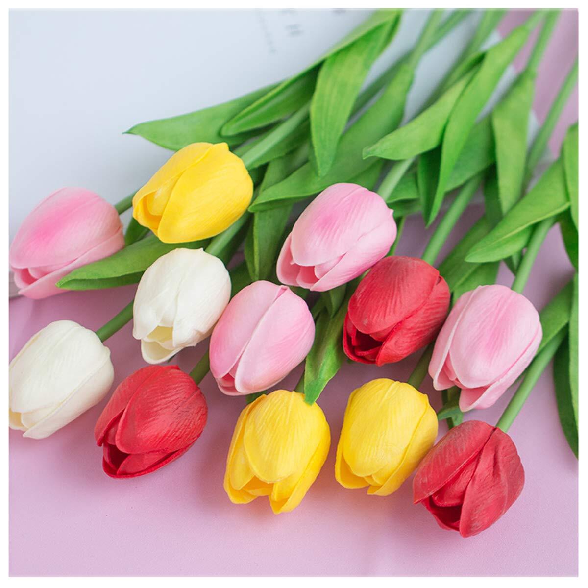 20Pcs Artificial Tulips White Real Touch PU Latex Faux Spring Singh Stem Bouquet