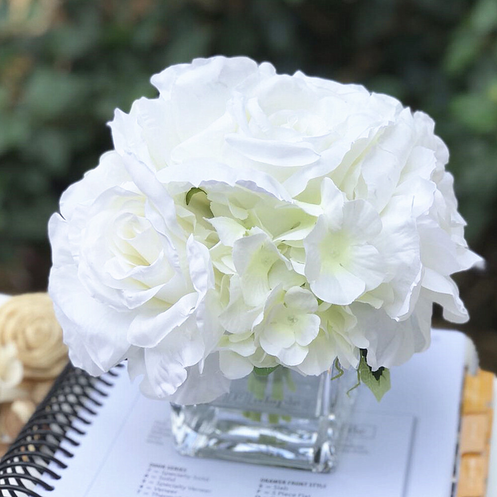 Enova Home Mixed Rose and Hydrangea Flower in Cube Glass Vase With Faux Water