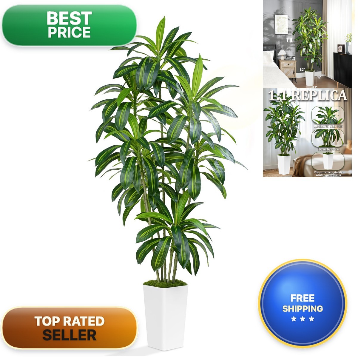 ZEEOZE Dracaena Artificial Tree 7Ft Tall White Planter Real Touch