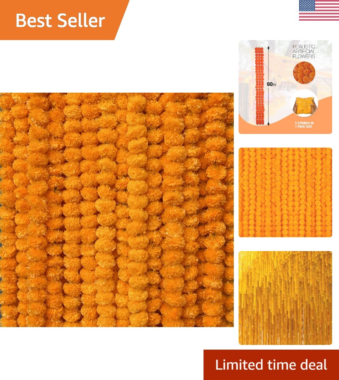 5 PC 5ft Marigold Garland – Elegant Faux Strings for Weddings & Festivals