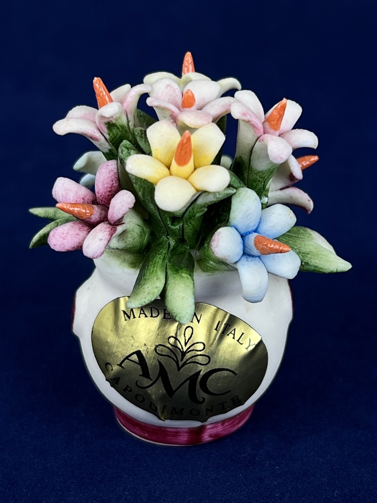 AMC Capodimonte Italy Tiny 2 Inch Bouquet of Flowers in Vase Pink Yellow Blue