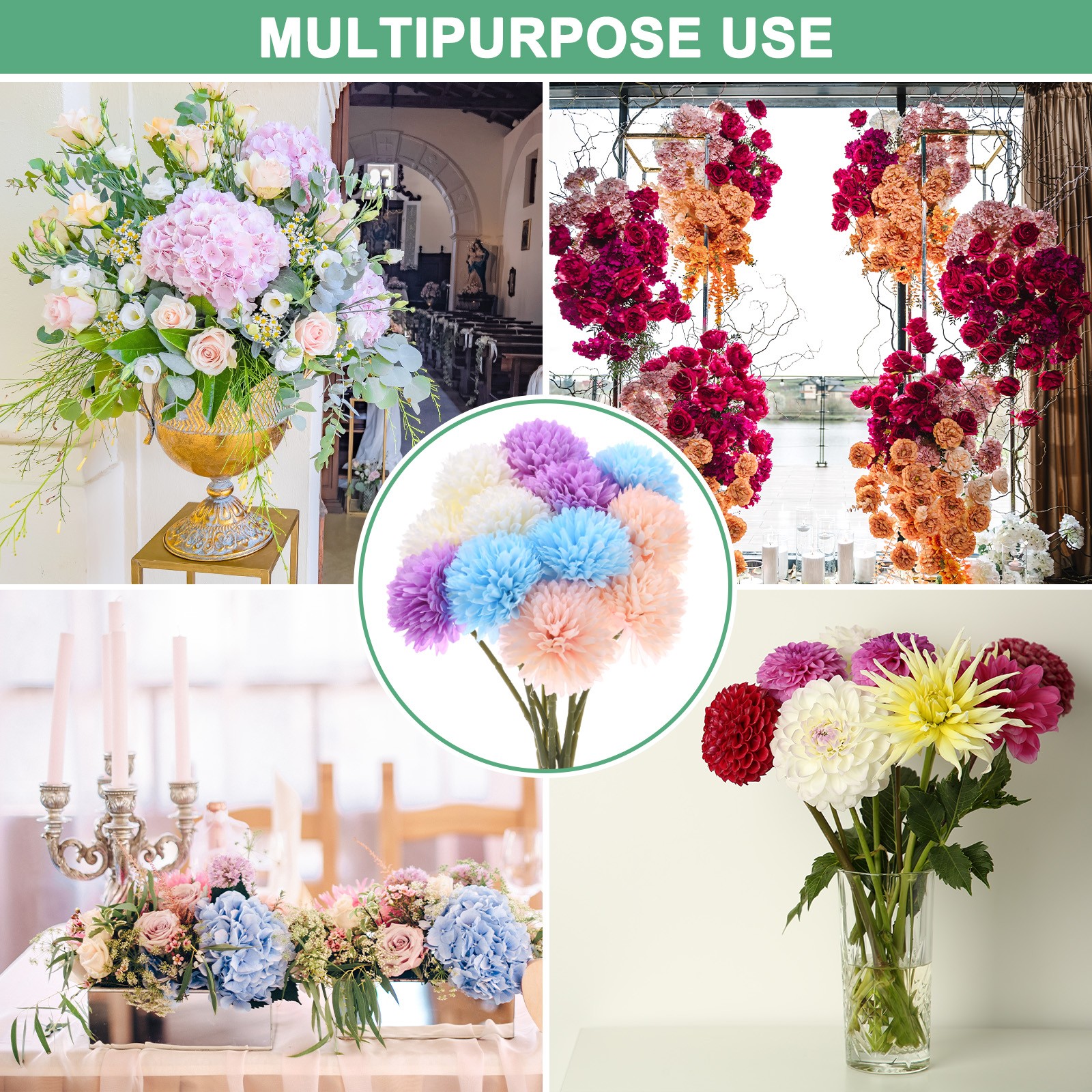 12-Pack Artificial Chrysanthemum Ball Flowers White,Pink,Purple,Blue