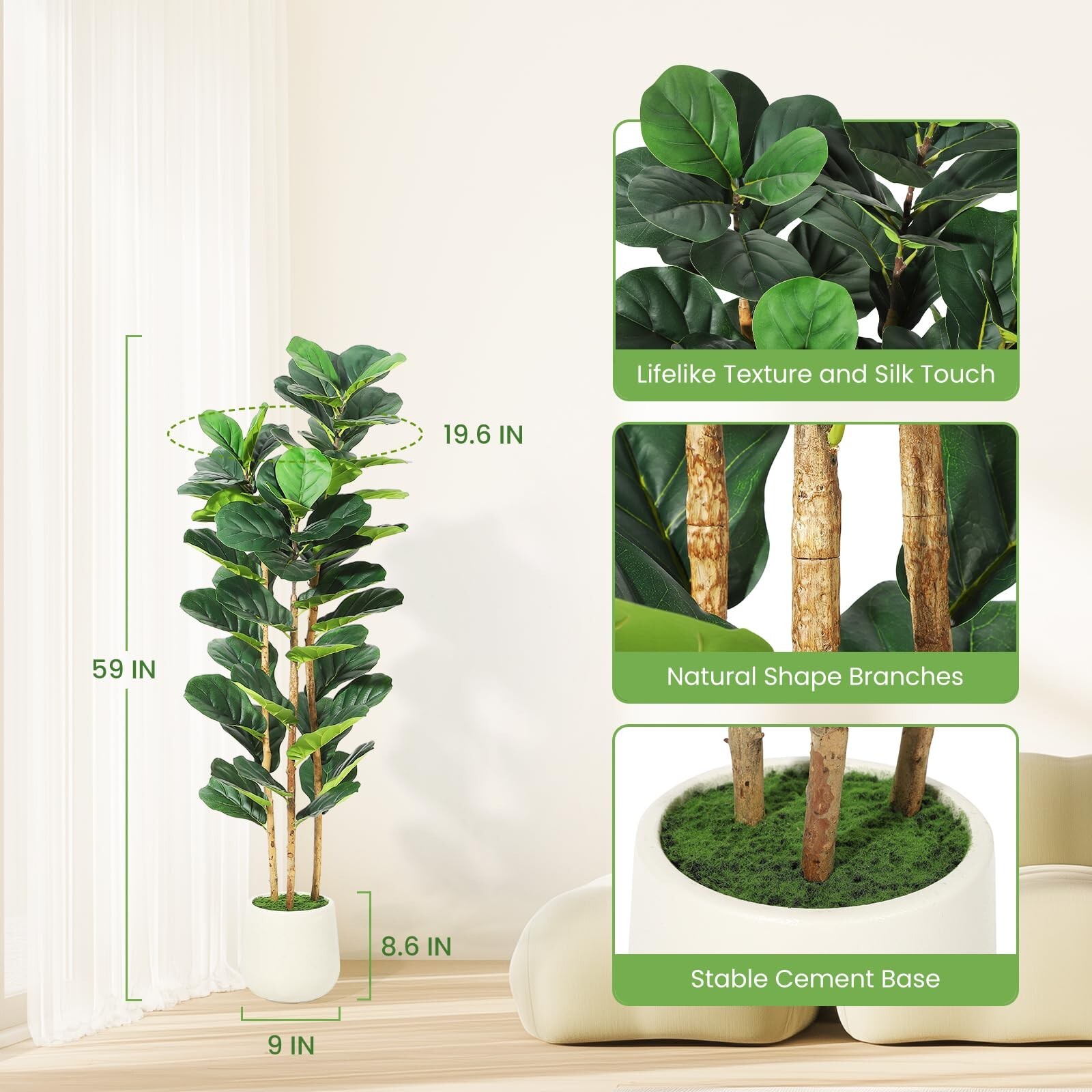 5 FT Faux Fiddle Leaf Fig Tree with White Tall Planter, Faux Trees with Artif…