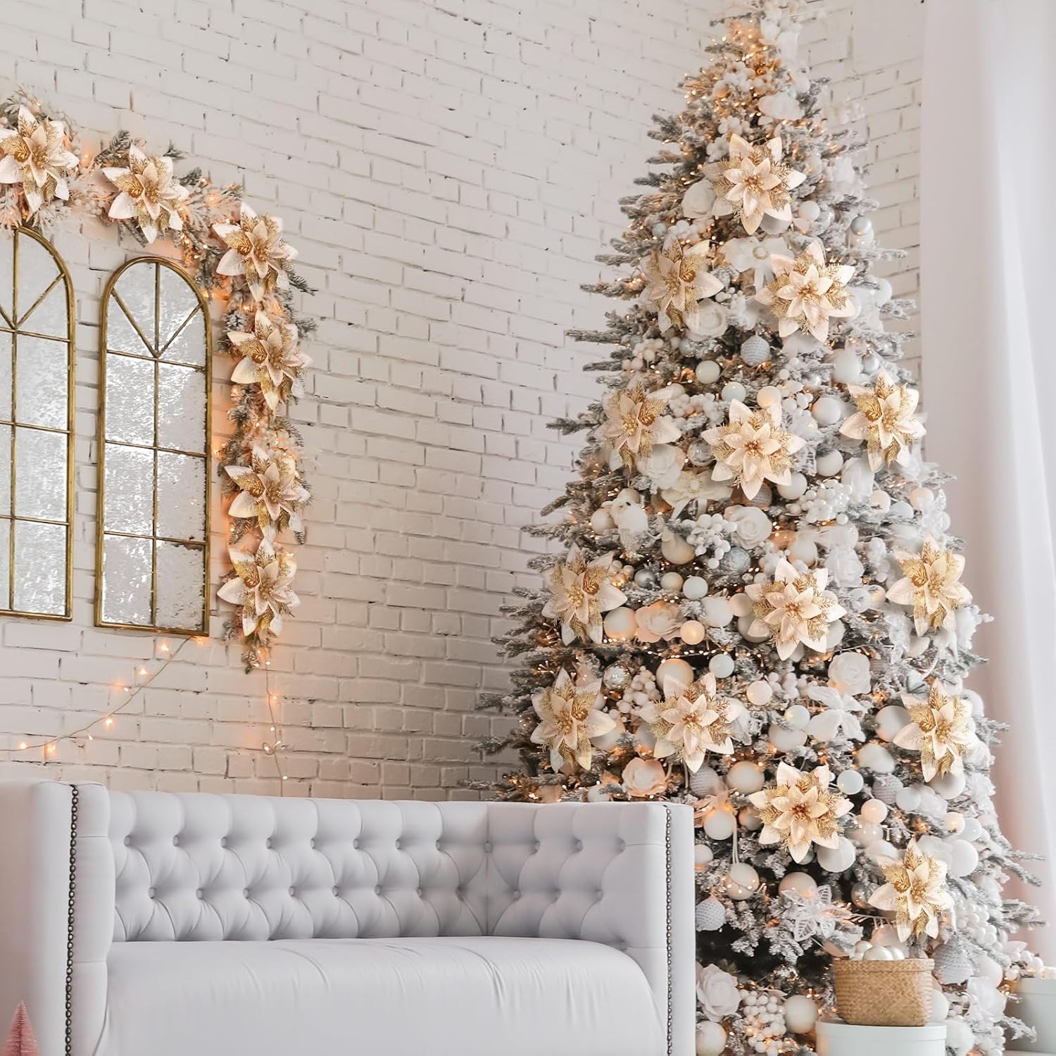 36 Flores De Nochebuena Artificiales Decorativas Con Clips, Oro Champán NEW US.