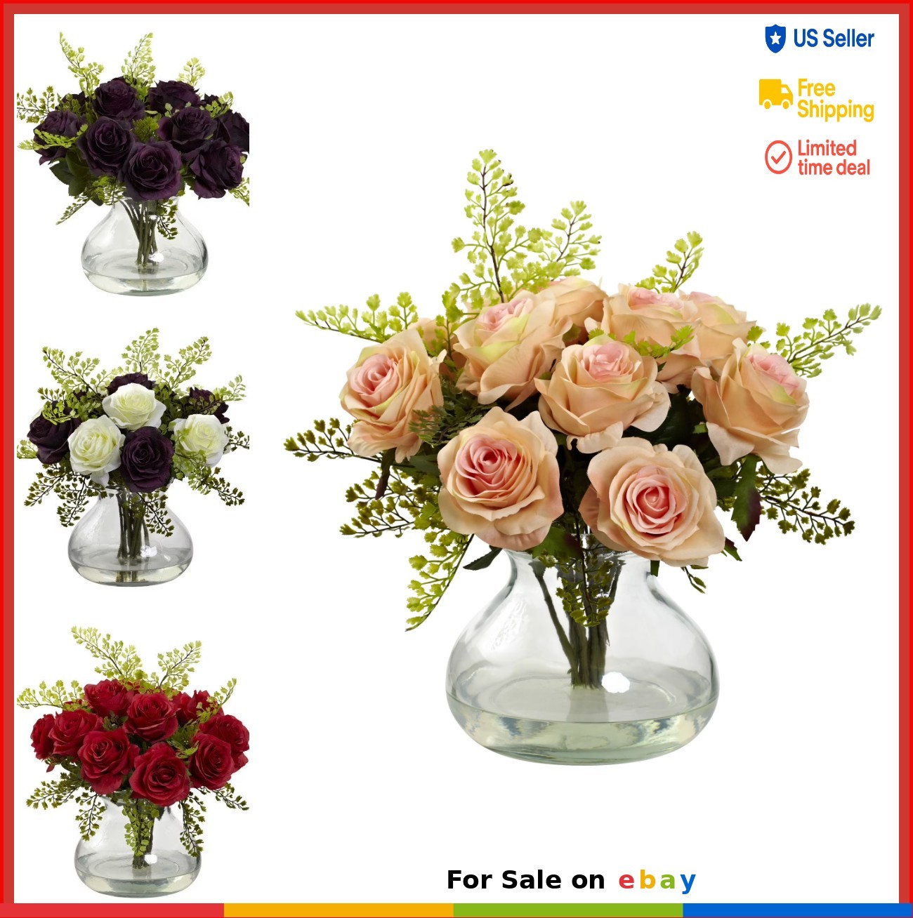 Artificial Rose & Maiden Hair Arrangement with Vase Peach Flowers
