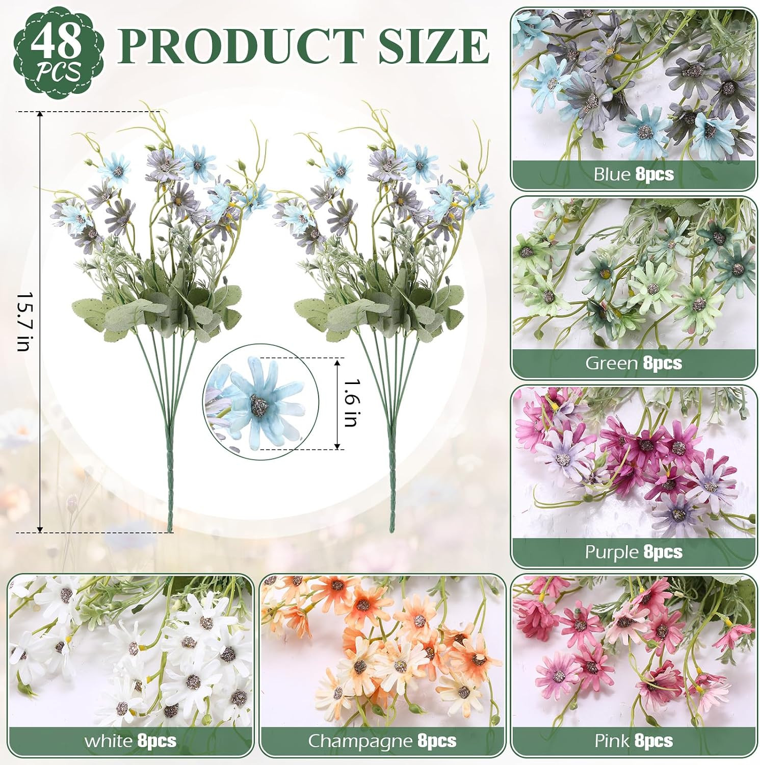 48 Pcs Wildflowers Artificial Flowers Silk Fake Daisy Wild Flower Bouquets Outdo