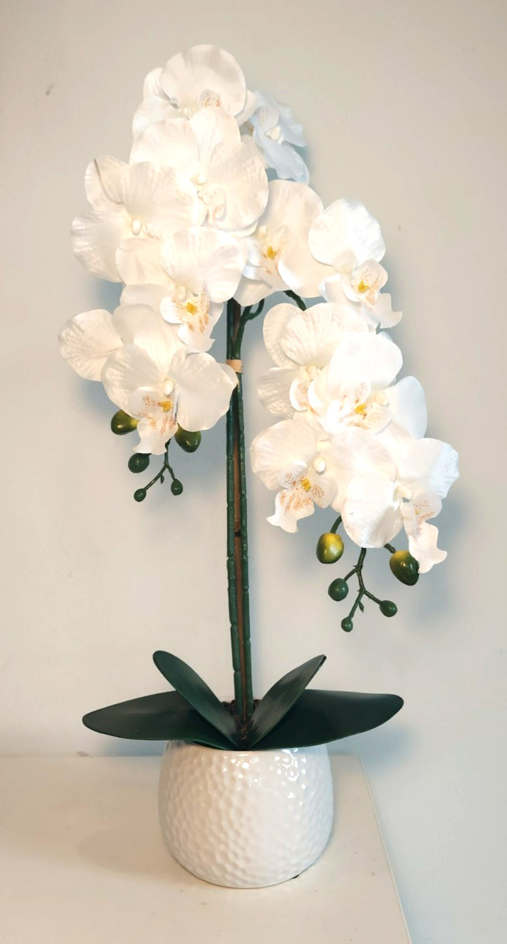 Potted Artificial Large Artificial Silk Orchid Flower Plant In White Pot, 23″ H