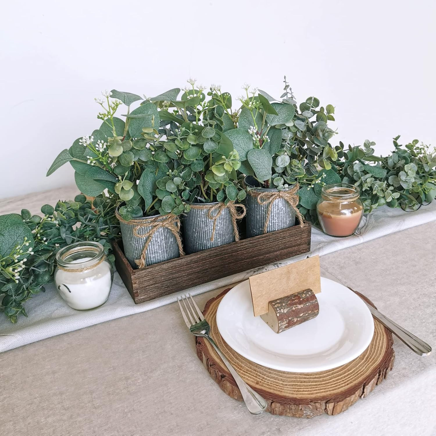 Set of 3 Farmhouse Galvanized Metal Pots Centerpiece Artificial Silver Dollar Eu