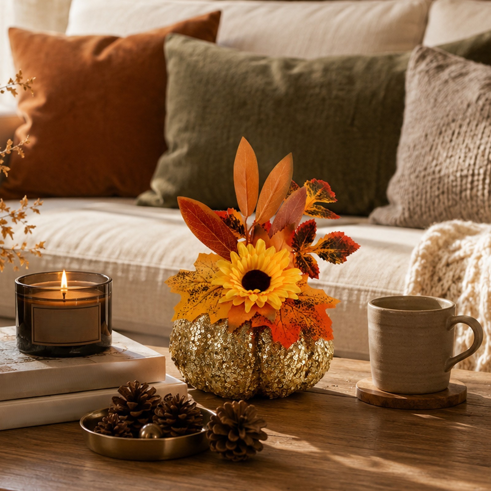 Table Centerpiece: Glitter Pumpkin with Silk Dahlias and Printed Leaves