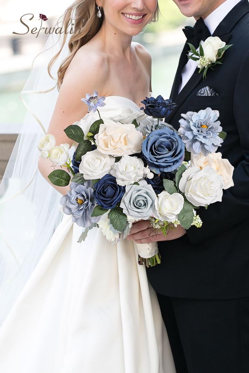 Serwalin Artificial Flowers, Dusty Blue Fake Flowers, Silk Foam Wedding Flowe…
