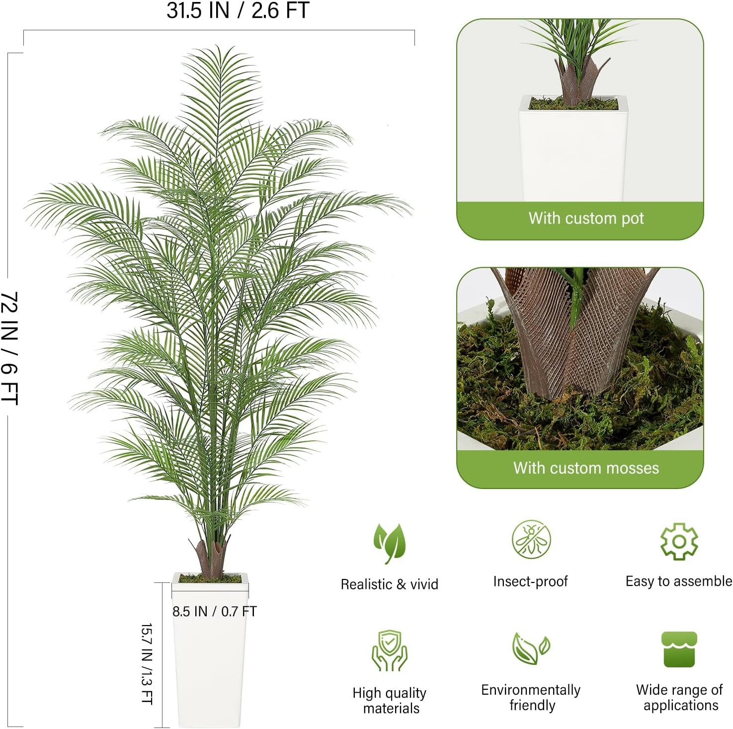 6 Ft Faux Areca Palm Tree with Realistic Leaves & White Pot – 2 PCS