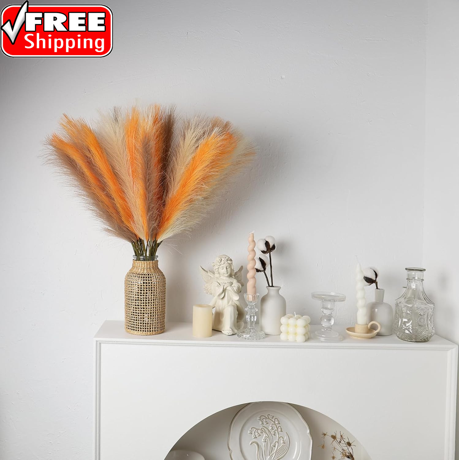 Orange Pampas Grass Decor,23Inch 12Pcs Faux Pampas Grass Bouquets Artificial Pam