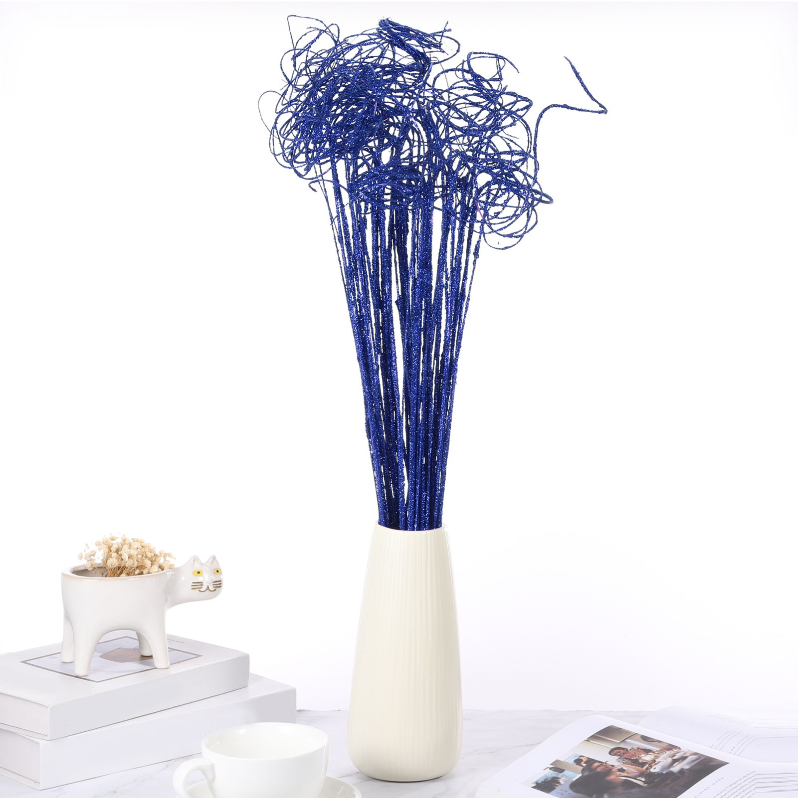 30 Pcs Glitter Dried Curly Willow Branches Natural Branches Twigs, Blue