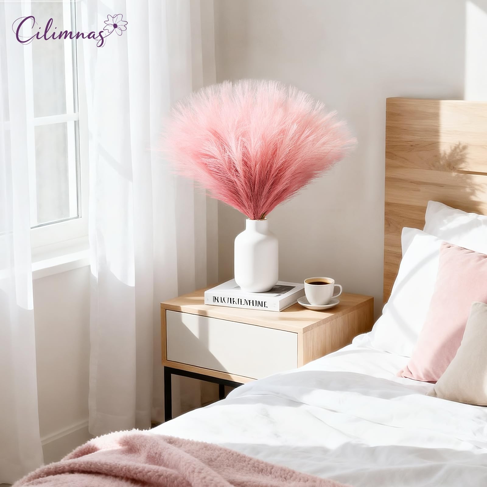 50 PCS Faux Pampas Grass 17.7 Inch Artificial Fluffy Fake Decor Gradient Pink