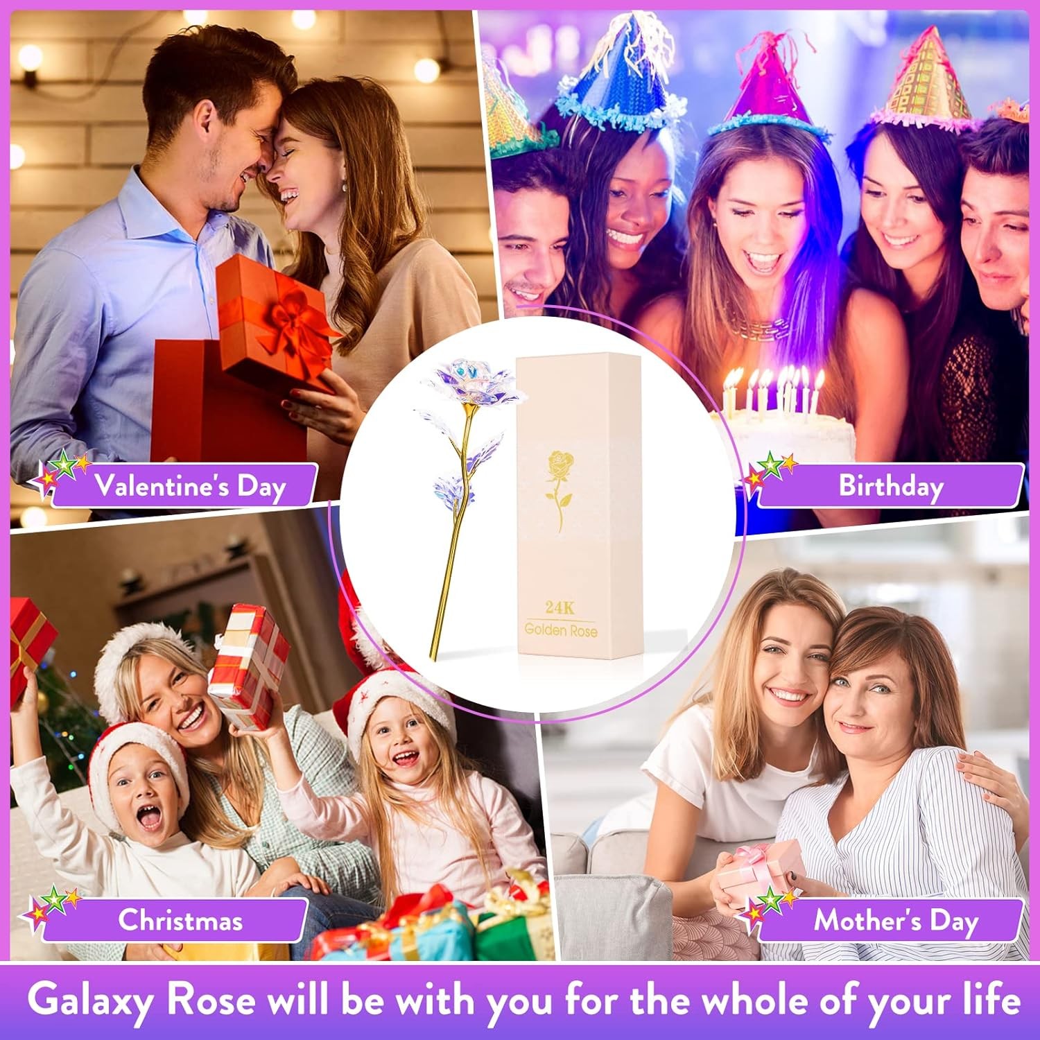 Valentines Day Rose Gifts for Her, Women Mom Gifts for Brithday, Galaxy Glass Ro