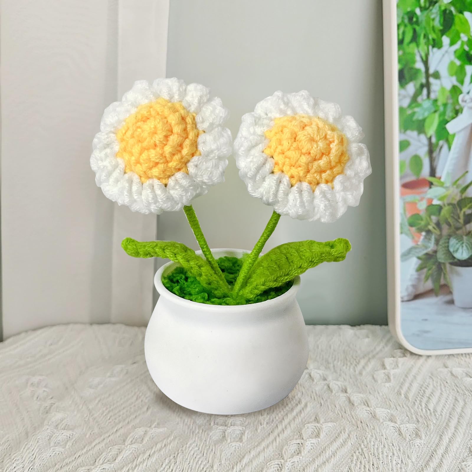3 PCS Crochet Flower Pot Daisy Tulips Forget Me Not Desk Decor Mothers Day