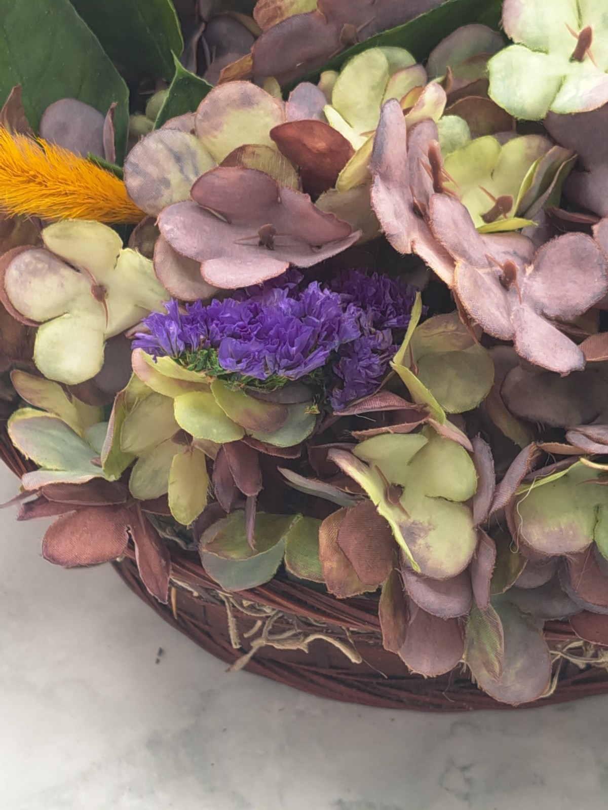 Handmade Hydrangea & Rose Dried/Silk Flower Arrangement w/ Vintage Basket