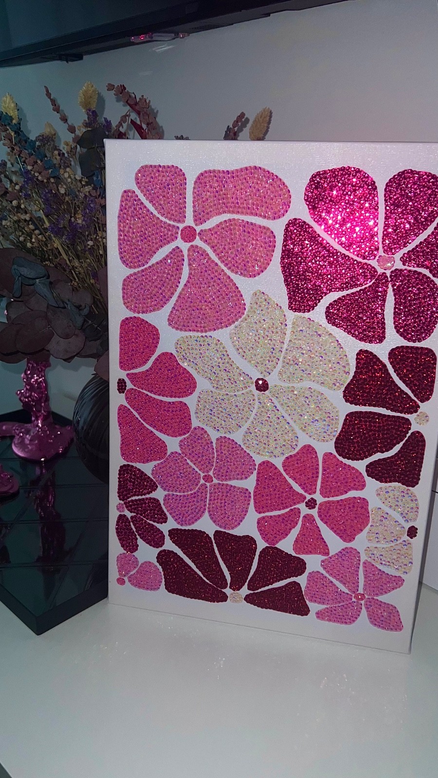 Handmade Bling Flower Wall Art Pink Rhinestone Canvas Luxury Decor 12×18”
