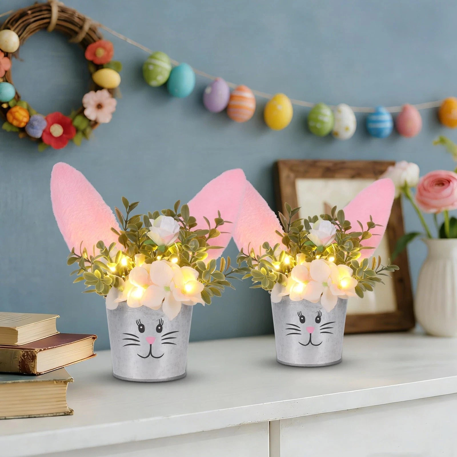 2 Pcs Easter Table Decorations Artificial Flower with Bunny Ear, Lighted Desk…