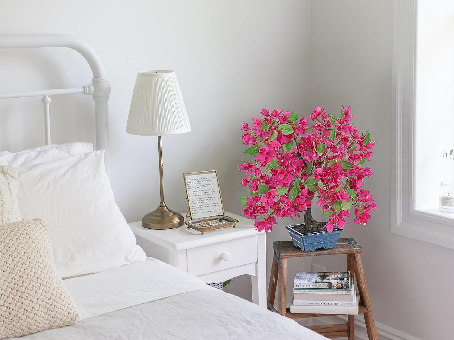 Pink Faux Bougainvillea Tree in Blue Pot – 18.5″ Tropical Silk Plant Decor