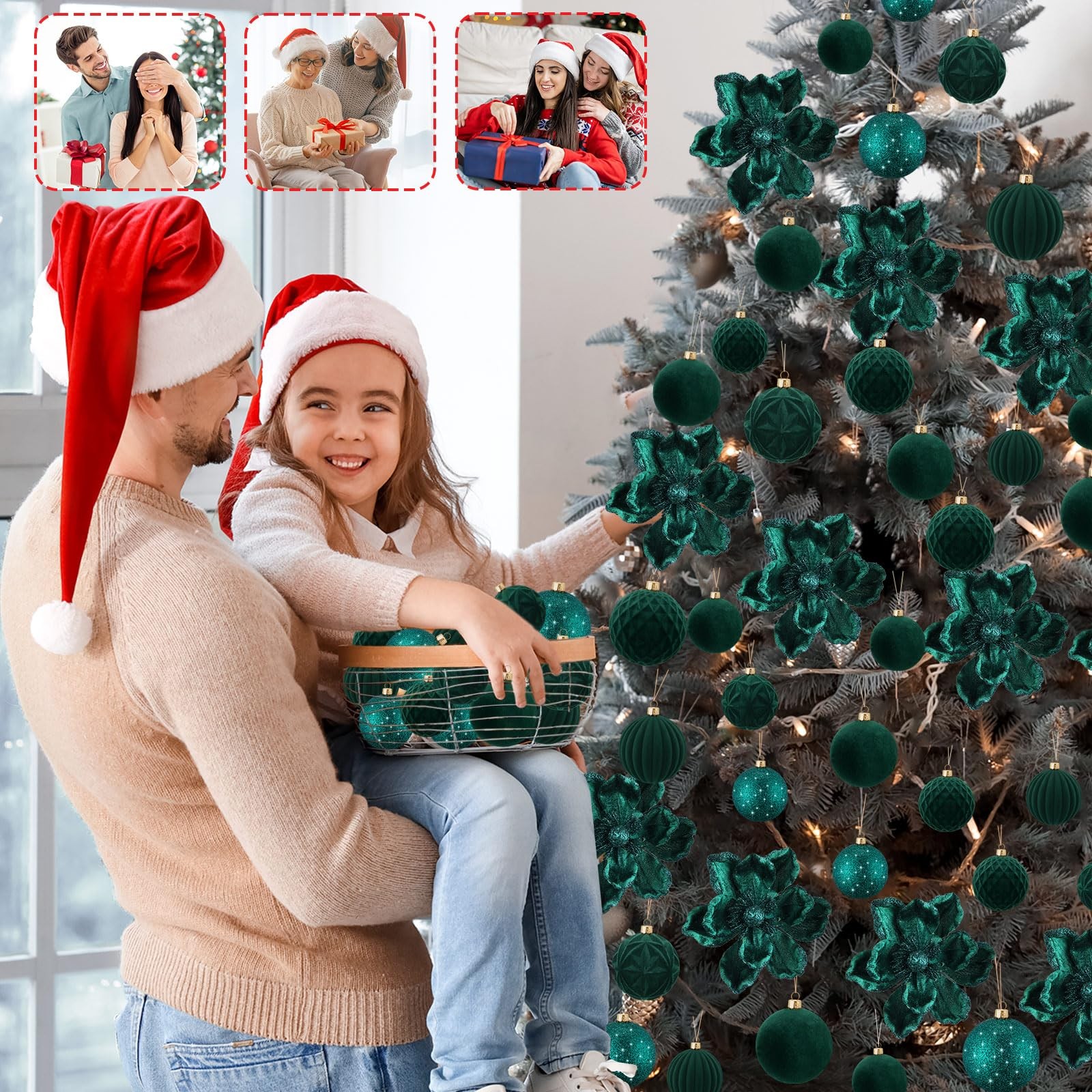 48 Pcs Christmas Tree Decoration Set 12 Glitter Poinsettia Magnolia Artificia…