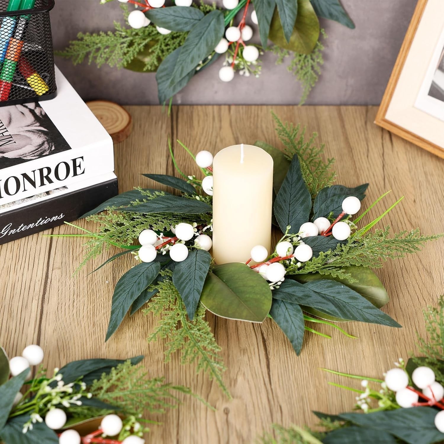 6 PCS 3 Inch Spring Summer Candle Rings Wreaths Mini Green Candle Rings Wreath