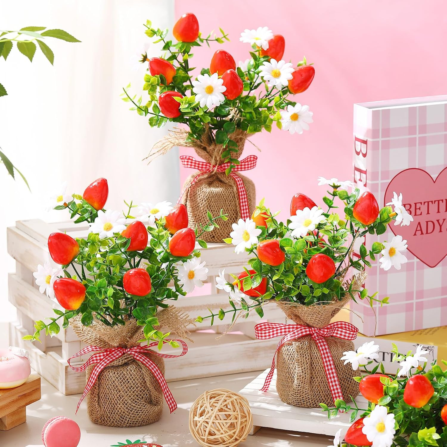 6 Pack Faux Strawberry Centerpieces in Burlap Vase for Parties & Home Decor
