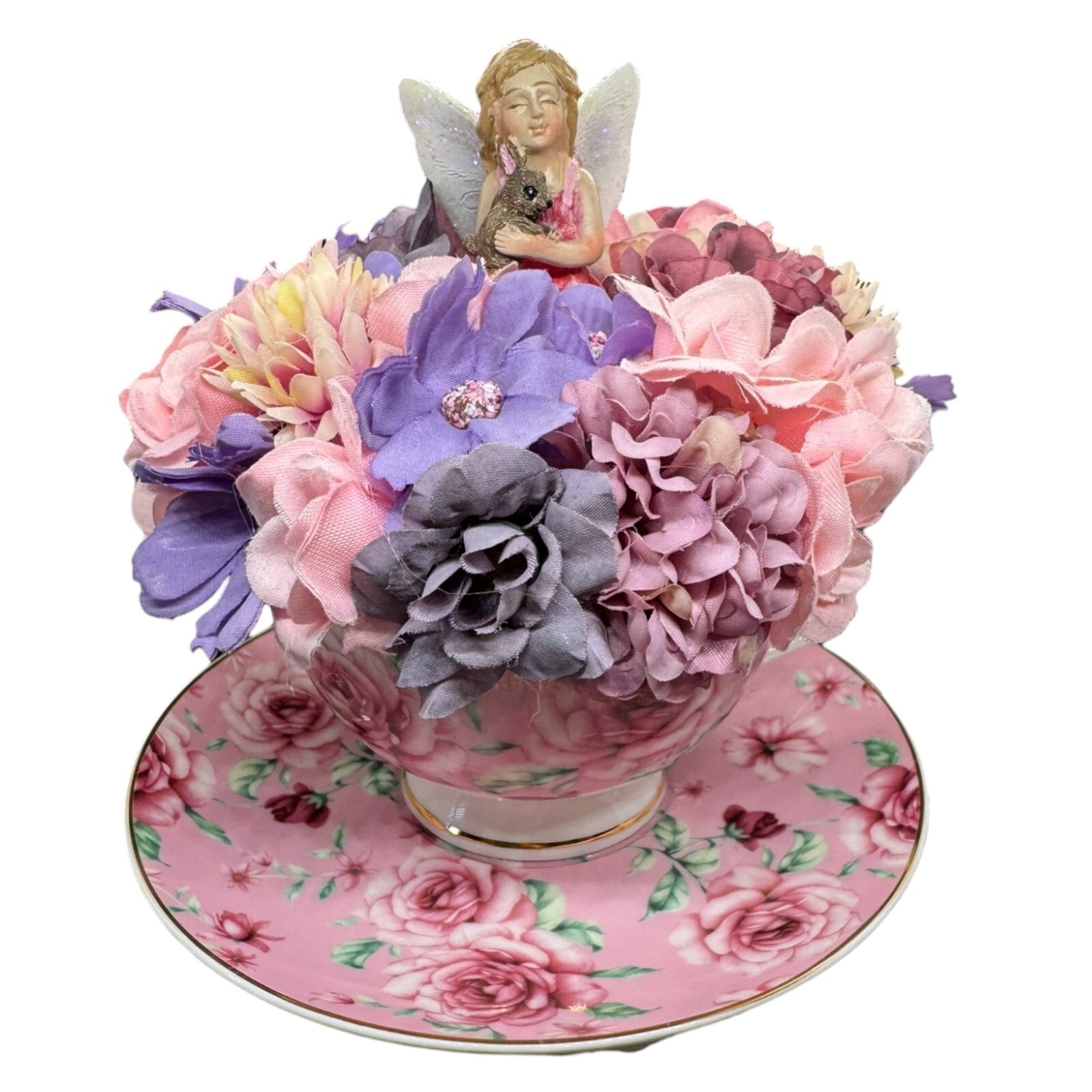 Pink Teacup Flower arrangement With Fairy