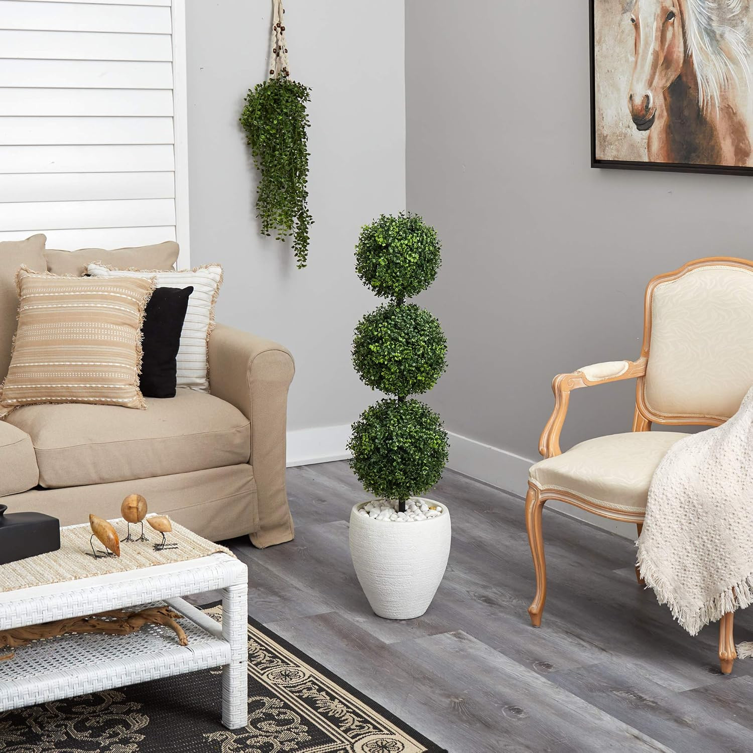 3.5Ft Boxwood Triple Ball Topiary Tree in White Planter – Indoor/Outdoor