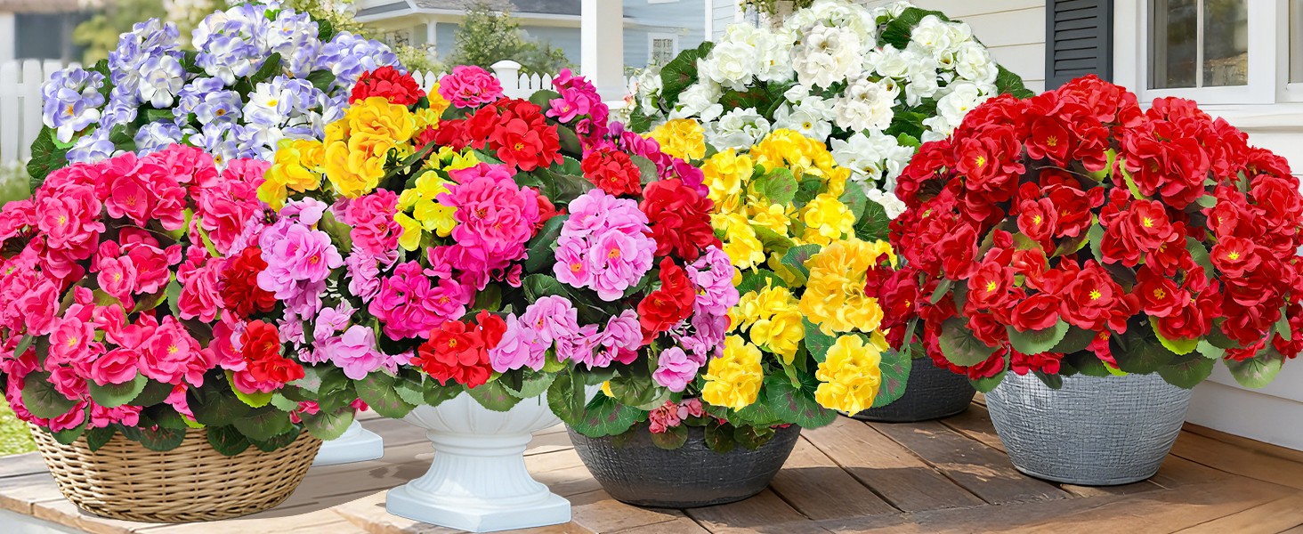 4 Bundles Artificial Geraniums Flowers for Outdoors Summer Decor | Fake Flowers