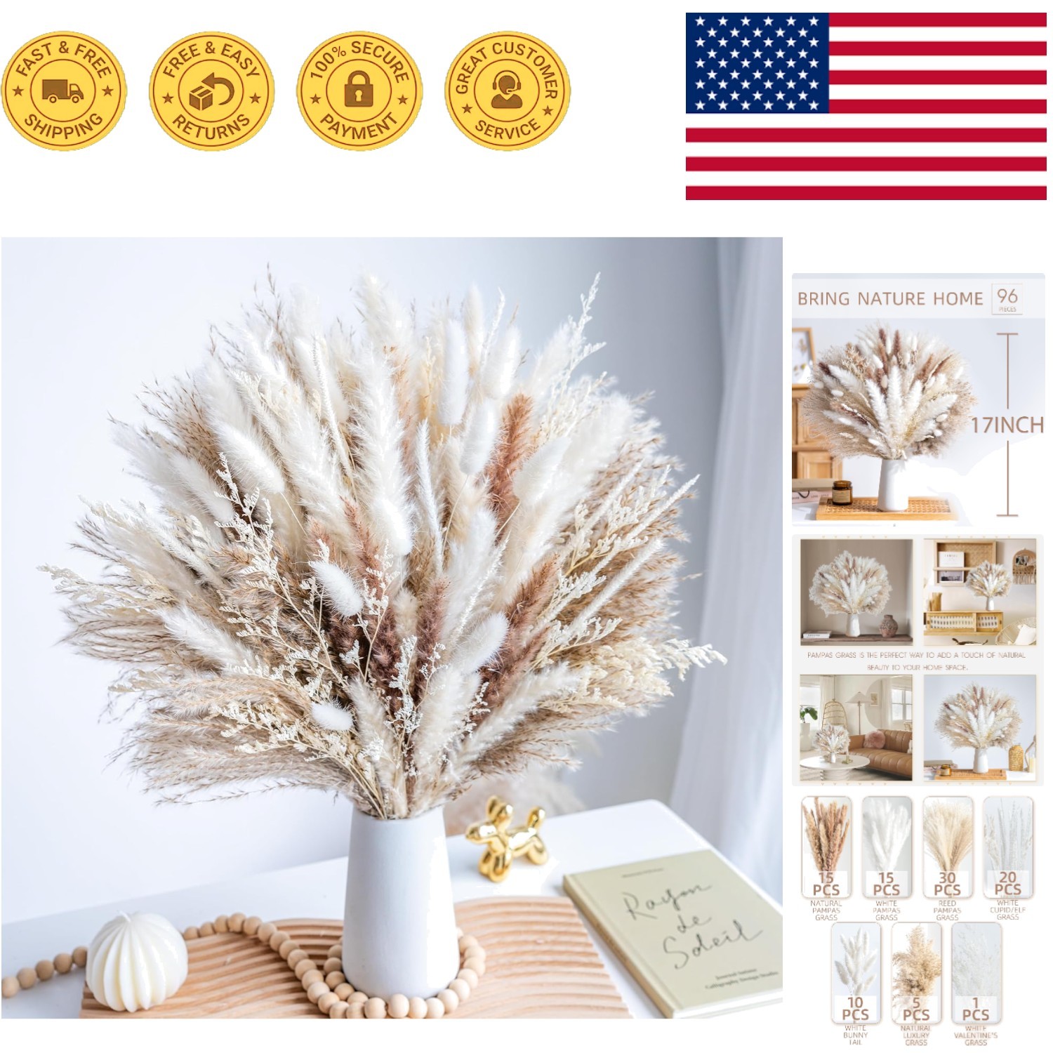Elegant 96PCS Pampas Grass Arrangement – Sustainable Dried Flowers for Weddings