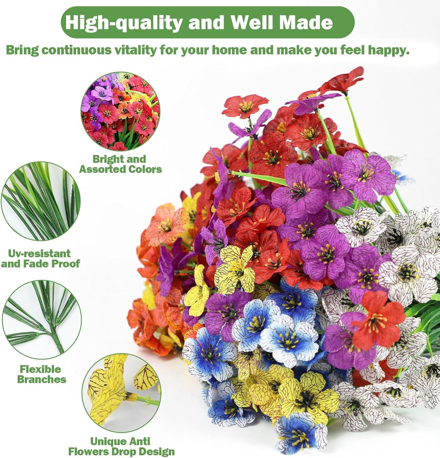 Fake Outdoor Flowers Uv-Resistant – 24 Bundles 6 Colors Realistic Artificial Flo