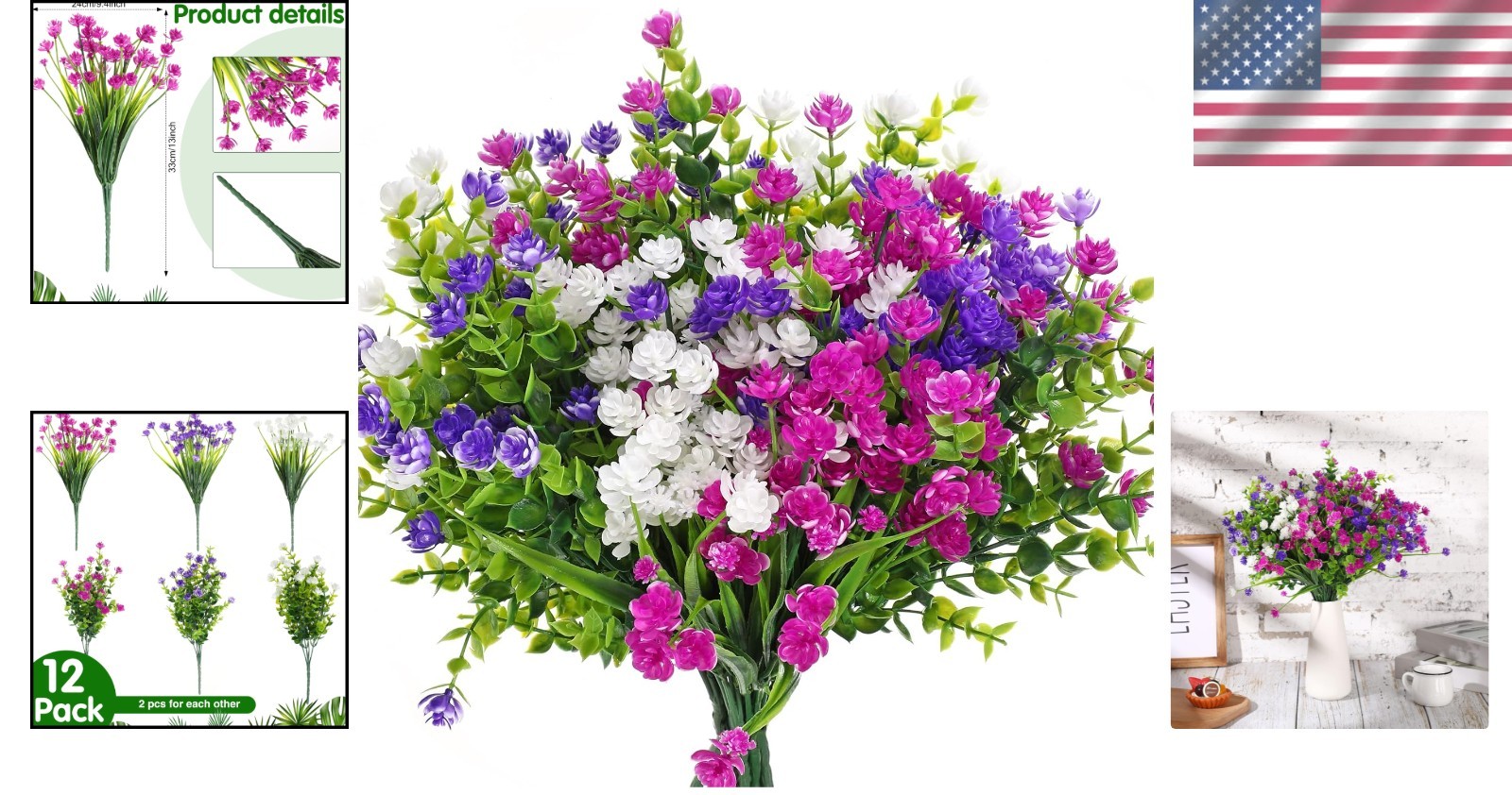 12 UV Resistant Artificial Flowers in Fuchsia, White & Purple for Home Decor